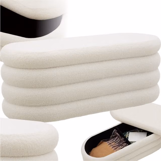 tectake Altu Padded Hallway Storage Ottoman Bench in White Bouclé