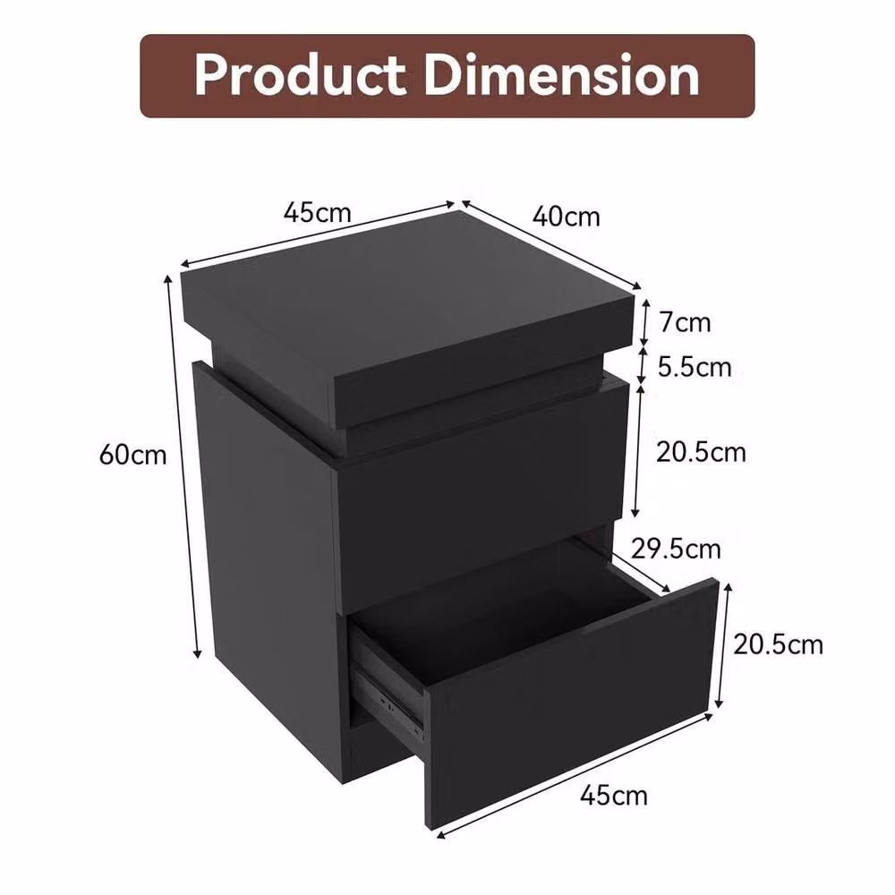 EONLION Modern Black 2-Drawer Bedside Table with Integrated LED Light, Width: 100 cm – 2