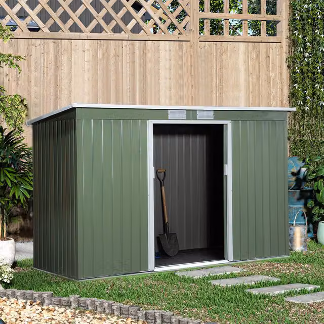 Outsunny Green Metal Garden Storage Shed with Double Doors and Window, W/D/H: 274.32 x 121.92 x 158 cm – 1