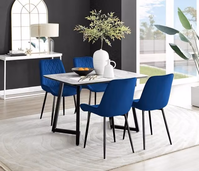 FurnitureboxUK Carson White Marble Effect Dining Table and 4 Pesaro Black Leg Chairs in Navy – 1