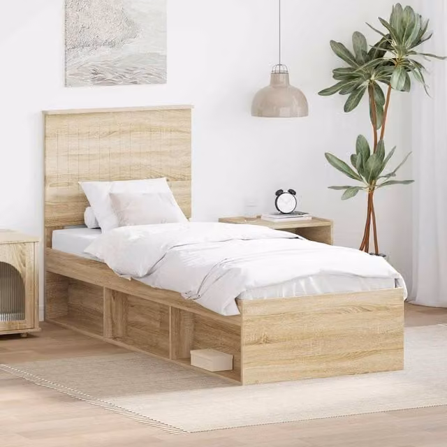 Berkfield Home Sonoma Oak Bed Frame with Headboard in Brown, W/D/H: 75 x 190 cm