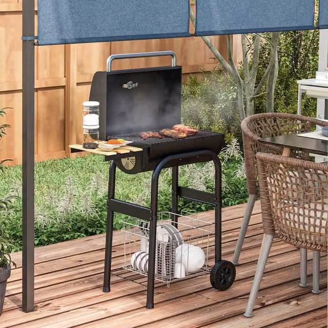 OUTSUNNY Charcoal Barbecue Grill with Shelves, Wheels and Thermometer in Black