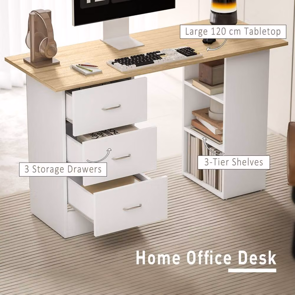 STILVORA Modern Computer Desk with 3 Drawers and Shelves in Brown and White, W: 120 cm, H: 72 cm – 4