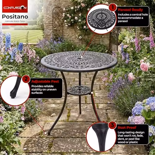 Centurion Positano Cast Aluminium Garden Bistro Table in Black with Parasol Hole – 5