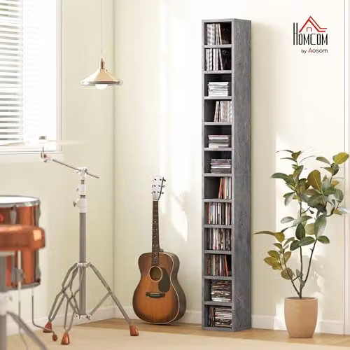 HOMCOM 204 Corner CD Storage Tower with 12 Tiers, Grey, H 175 x W 21 x D 20 cm – 2