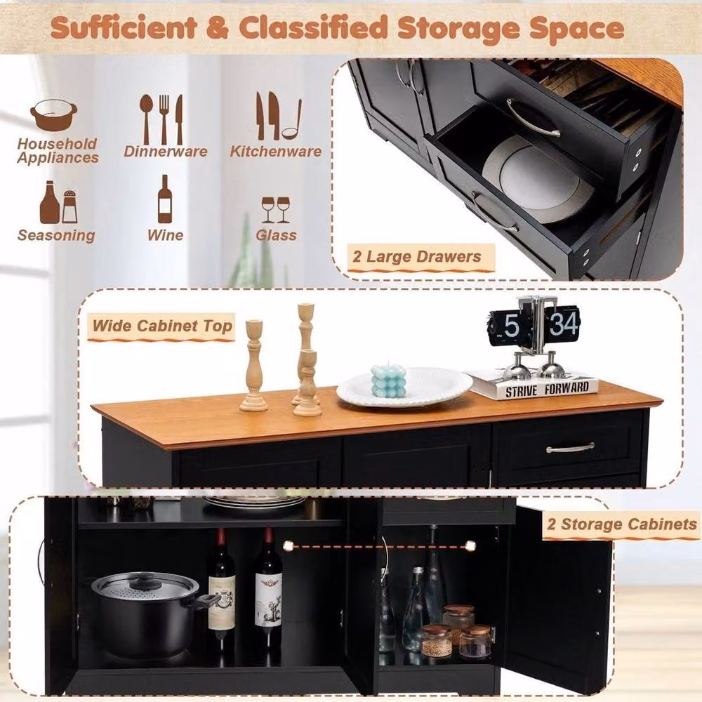 Hinsinc Black Modern Buffet Storage Cabinet with Adjustable Shelves – 5