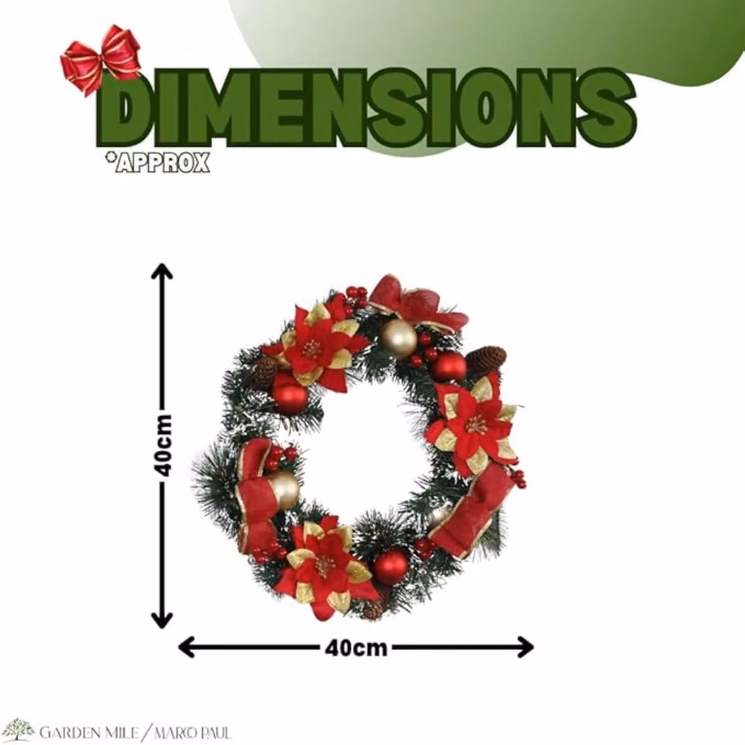 Marco Paul Christmas Artificial Poinsettia Wreath Decoration in Red, Green and Gold, Diameter: 40 cm – 2