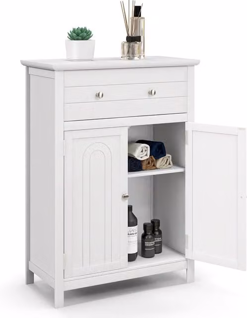 Gymax Freestanding White Bathroom Storage Cabinet with Internal Shelves and Drawers