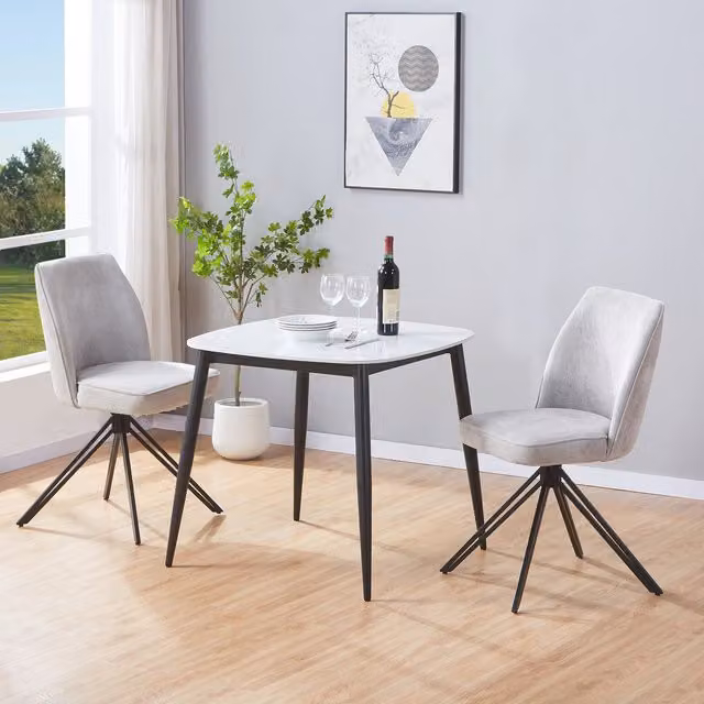 Aspen Gloss White Sintered Stone Square Dining Table and 2 Light Grey Swivel Chairs