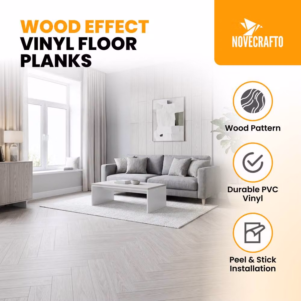 Novecrafto Self Adhesive Wood Look Vinyl Floor Planks, Pack of 10, White, W: 91.4 cm, D: 15.2 cm – 2