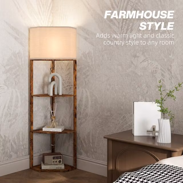 HOMCOM Corner Floor Lamp with Shelves in Rustic Brown and Beige Fabric