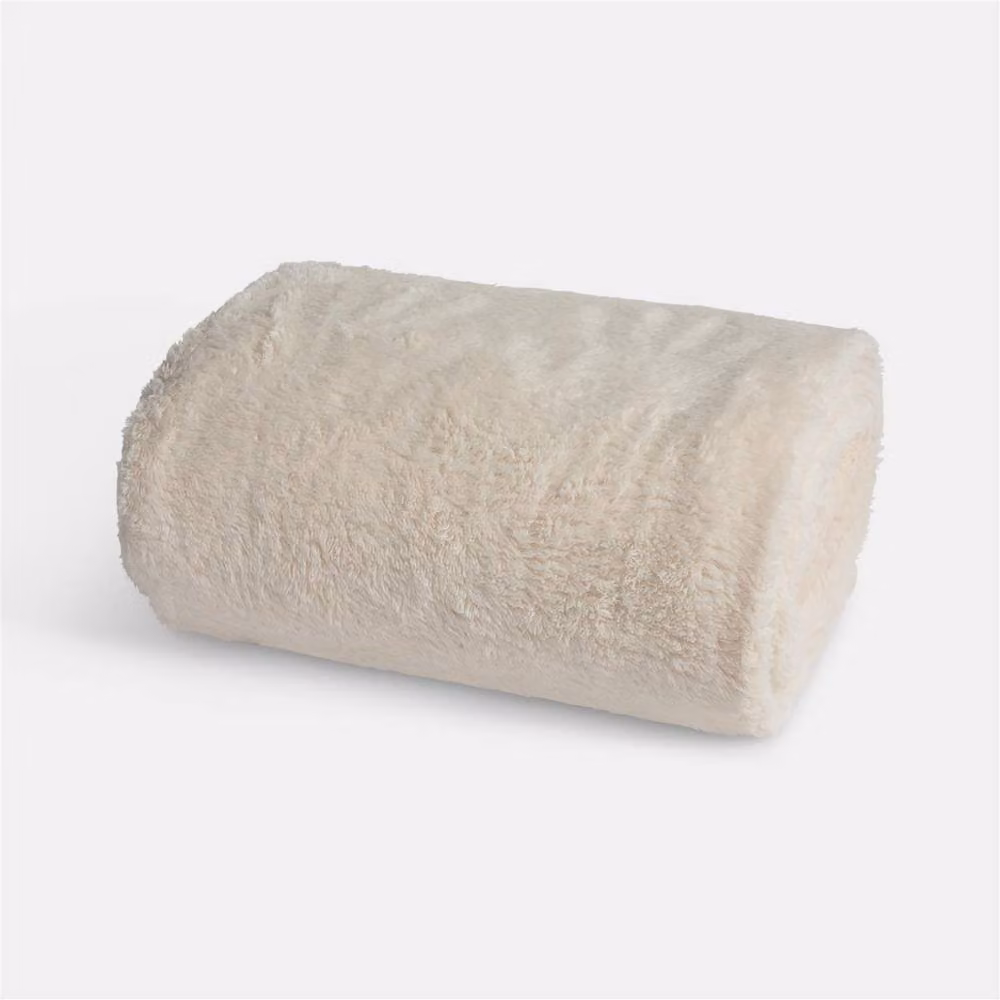 OHS Large Fluffy Teddy Fleece Throw Blanket in Beige, W: 150 cm, L: 200 cm – 2
