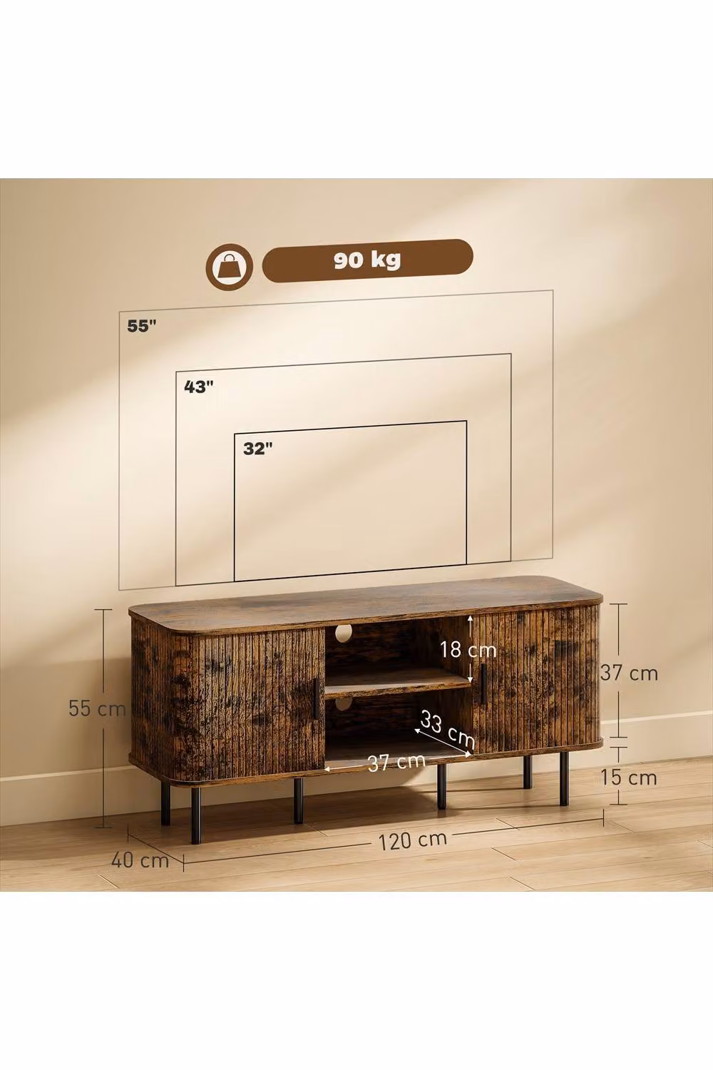 ERGOVEXA Mid-Century TV Stand Cabinet for TVs up to 55 Inches, Brown, W: 120 cm, D: 40 cm – 2