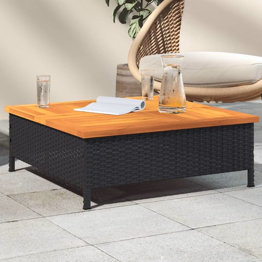 Berkfield Home Black Rattan and Acacia Wood Garden Table W/D/H: 70 x 70 x 25 cm – 2