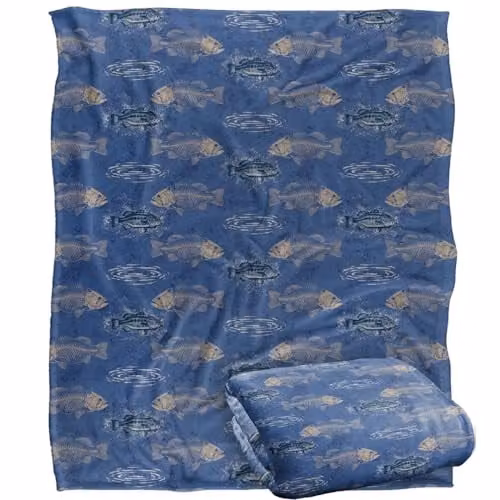 JQ Licensing Bass To The Bone Fishing Pattern Super Soft Silky Touch Throw Blanket in White and Blue, W/D/H: 152 x 127 cm – 1