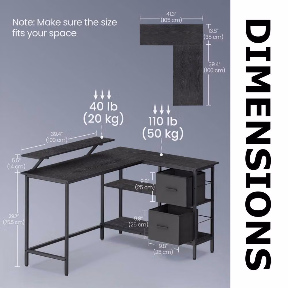 Pirlo Plush Industrial Rustic L-Shaped Corner Computer Desk with Drawers, Black, W/D/H: 105 x 105 x 89.5 cm – 5