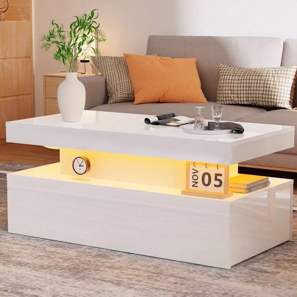 KORVIXA High Gloss LED Coffee Table with 2 Wooden Storage Drawers in White, W/D/H: 100 x 100 x 100 cm – 4