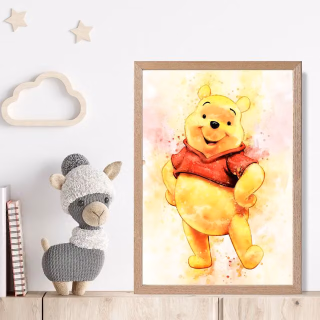 ARTZE Winnie the Pooh Watercolour Art Print with Oak Frame, Yellow, A3