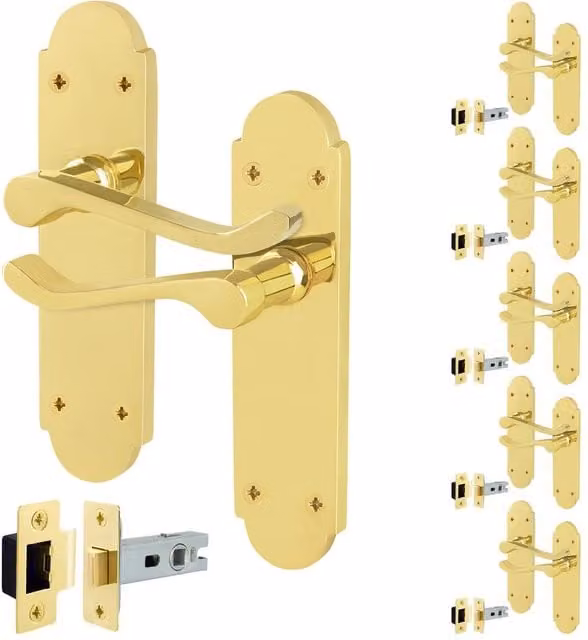 AFIT Polished Brass Door Handles with Latch, 6 Pairs in Gold, Backplate Size: 15 x 15 cm – 1