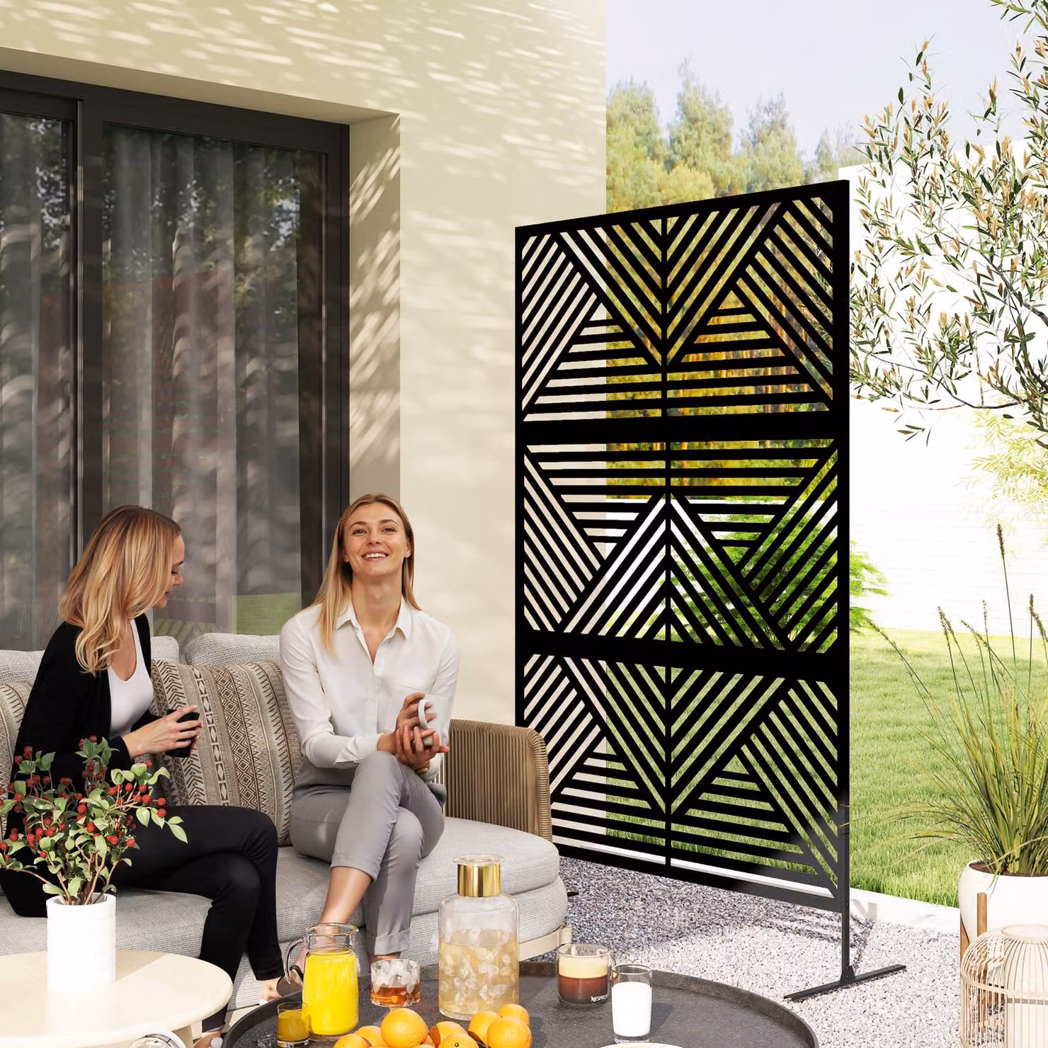 Outsunny Decorative Garden Privacy Screen with Stand, 6.5FT Freestanding Black Metal Outdoor Divider, Rhombus Style Steel Paravent – 2