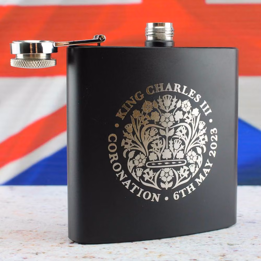 Uniqueful Personalised Commemorative Coronation of the King Black Stainless Steel Hip Flask – 4