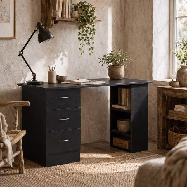 Wyld Haus Tonosa Black Wooden Writing Desk with 3 Shelves and 3 Drawers, Width: 120 cm