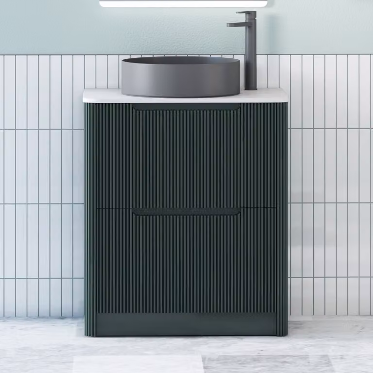 Royal Bathrooms Avenza Floor Standing Vanity Unit in Moss Green with 2 Drawers, Plain White Worktop and Black Art Round Basin, Depth: 80 cm