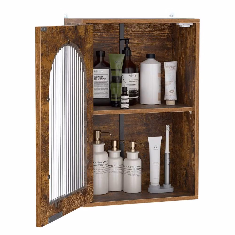 Costway Brown Wooden Wall Mounted Bathroom Medicine Cabinet with Glass Doors and Adjustable Internal Shelf – 3