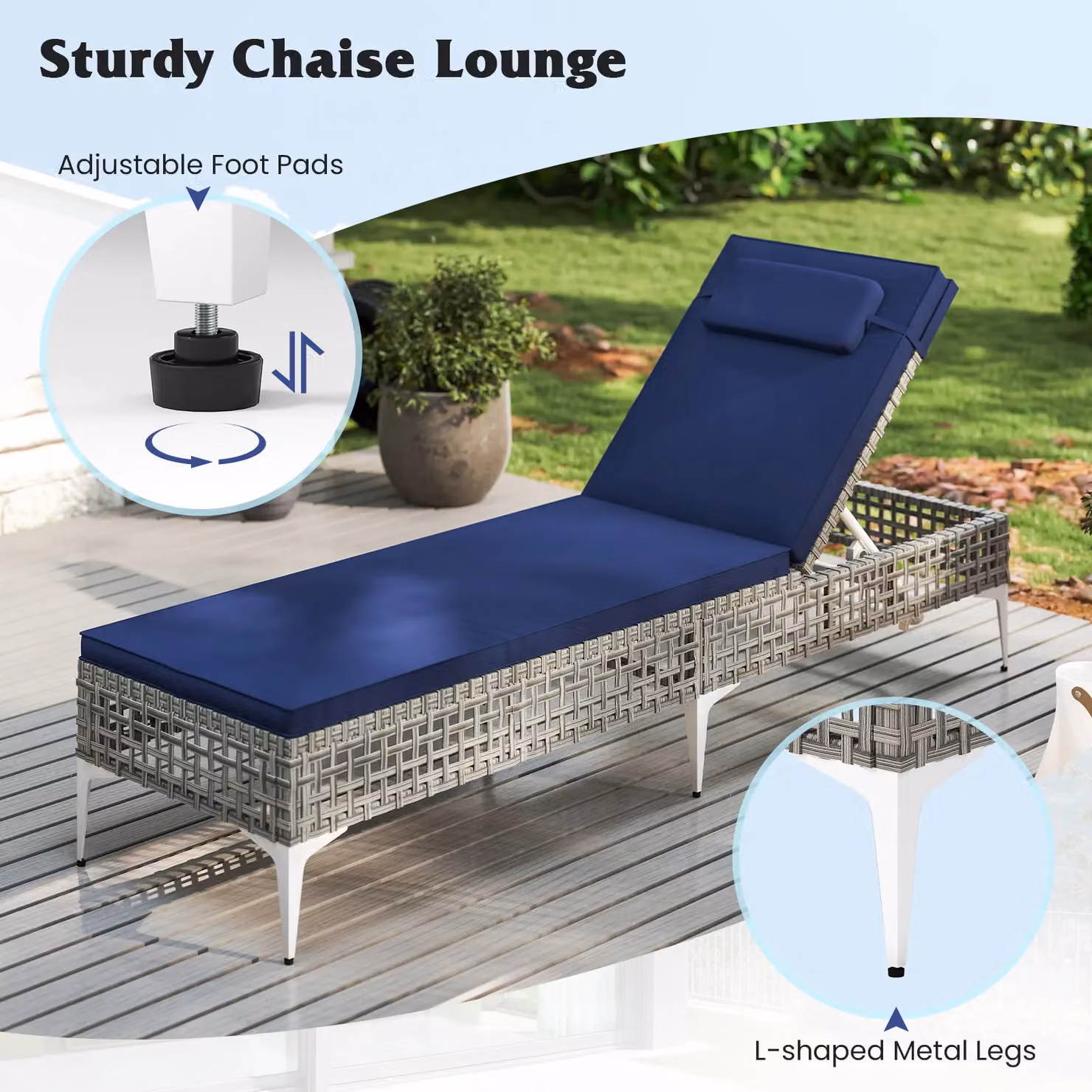 Costway Navy Blue Rattan Sun Lounger with 6-Level Adjustable Headrest – 6