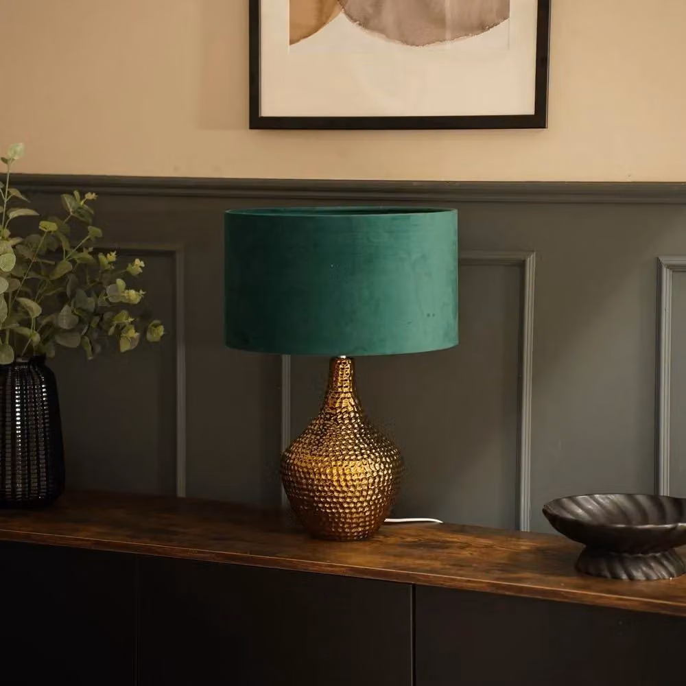 ValueLights Bailey Ceramic Table Lamp with Green Velvet Shade and Gold Base, Diameter: 35 cm, Height: 21 cm – 3