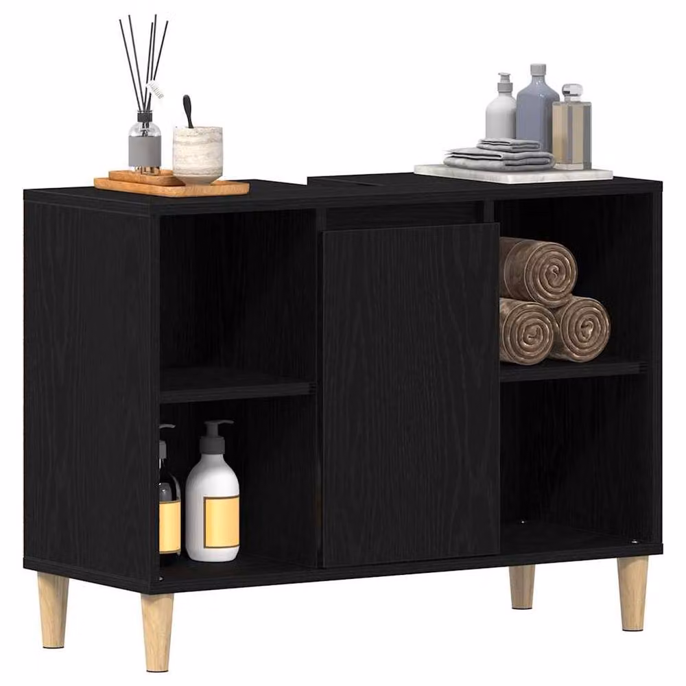 Berkfield Home Black Oak Sink Cabinet with Hinged Doors and Open Shelf, W/D/H: 80 x 33 x 60 cm – 4