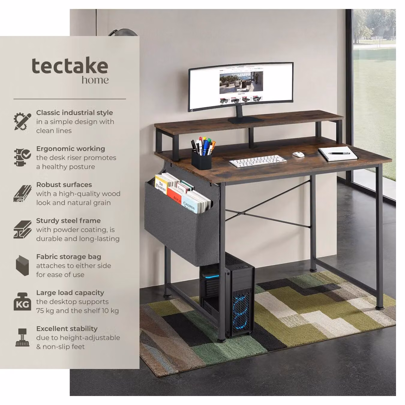 tectake Industrial Computer Desk with Shelving and Fabric Storage Bag in Brown and Black, W: 120 cm, D: 60 cm – 2