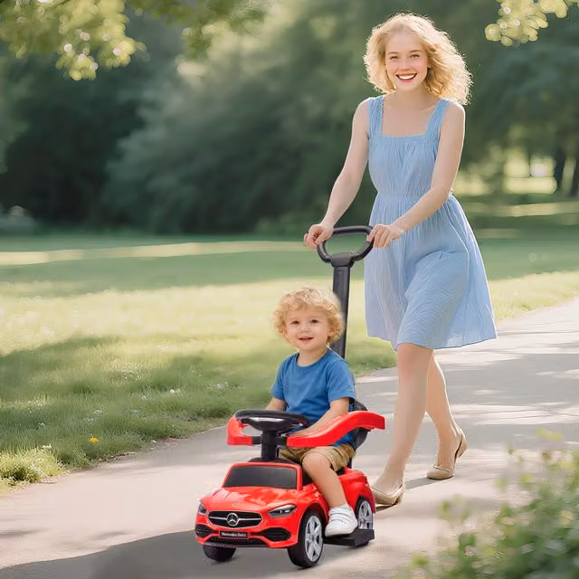 AIYAPLAY 2 in 1 Mercedes Baby Ride on Push Car with Push Handle, Red and White