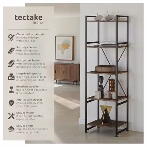 tectake Industrial Bookcase with 5 Adjustable Shelves and Steel Frame, Brown, W/D/H: 47.5 x 34.5 x 151.5 cm – 4