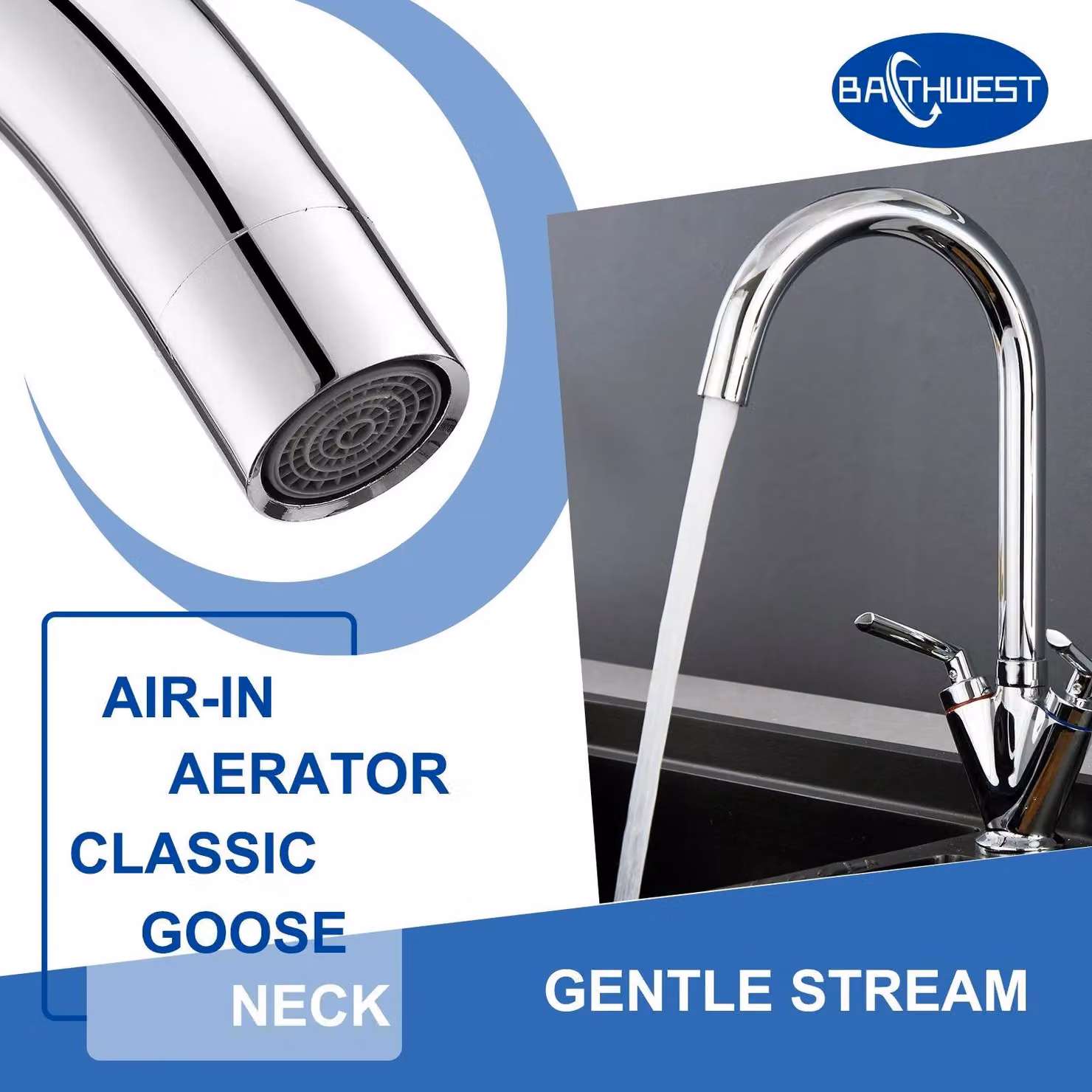 BATHWEST Dual Lever Swan Neck Kitchen Mixer Tap in Silver Chrome – 2