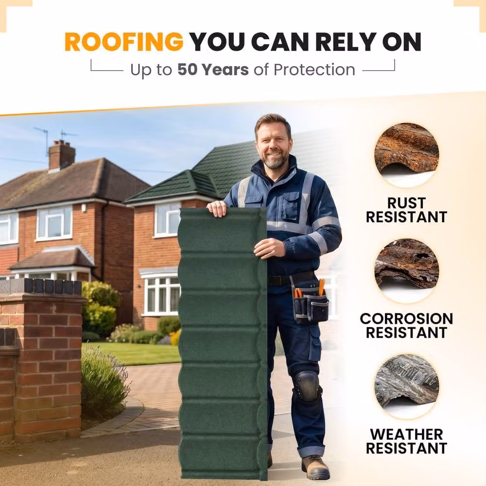 Novecrafto Stone Coated Galvanised Metal Roof Shingles, Green, 15 Covers, 7.11m² – 2