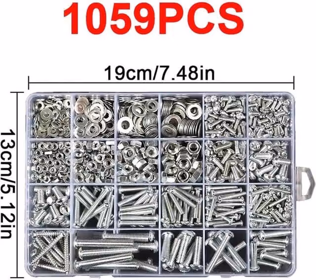 FLAVORA 1059-Piece Stainless Steel Nuts, Bolts and Washers Assortment Kit in Silver