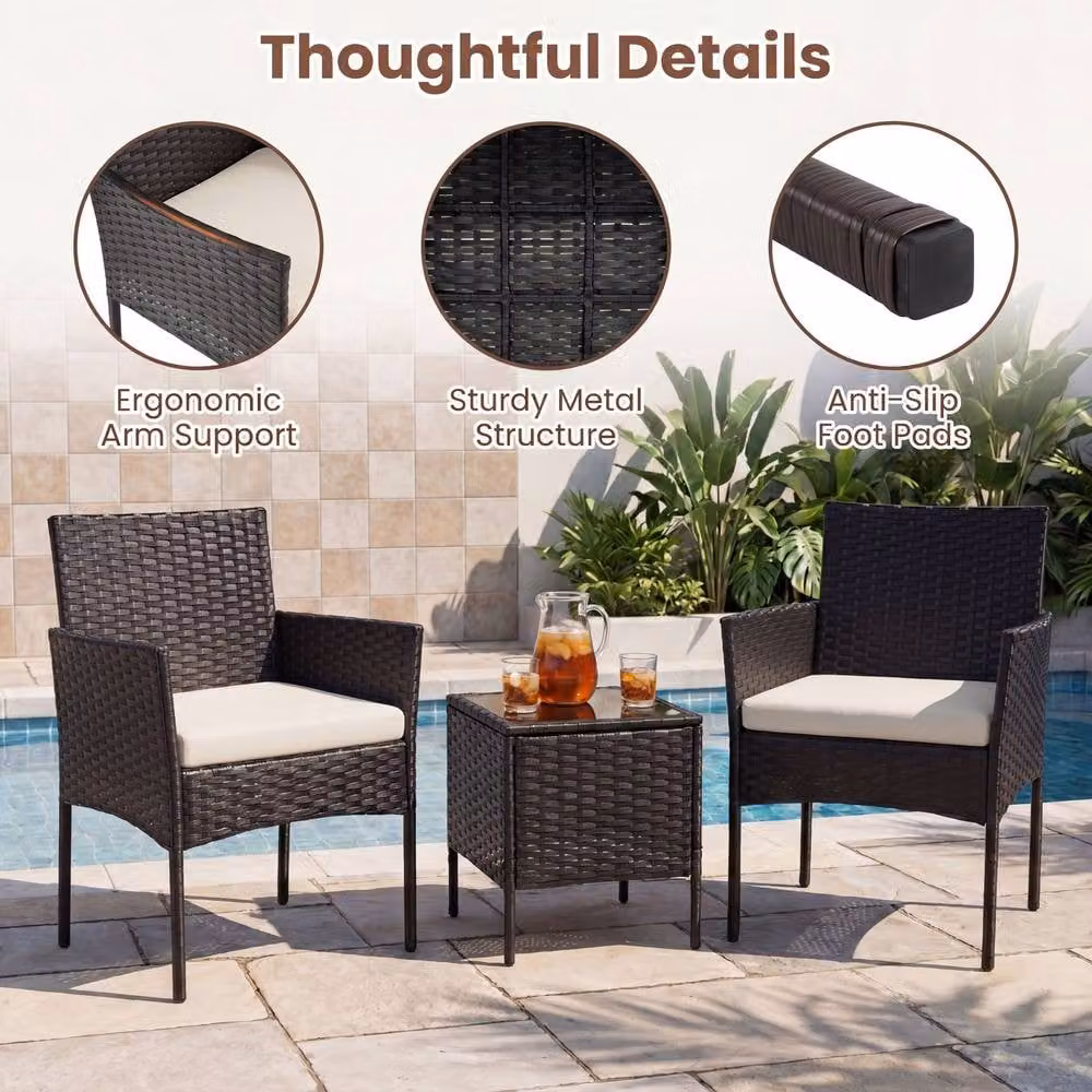 Costway 3-Piece Rattan Garden Conversation Set with Beige Cushions and Black Metal Frame – 6