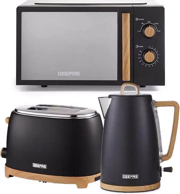 Geepas NordiQ Collection Black Kettle, 2 Slice Toaster and 20L Microwave Set – 1