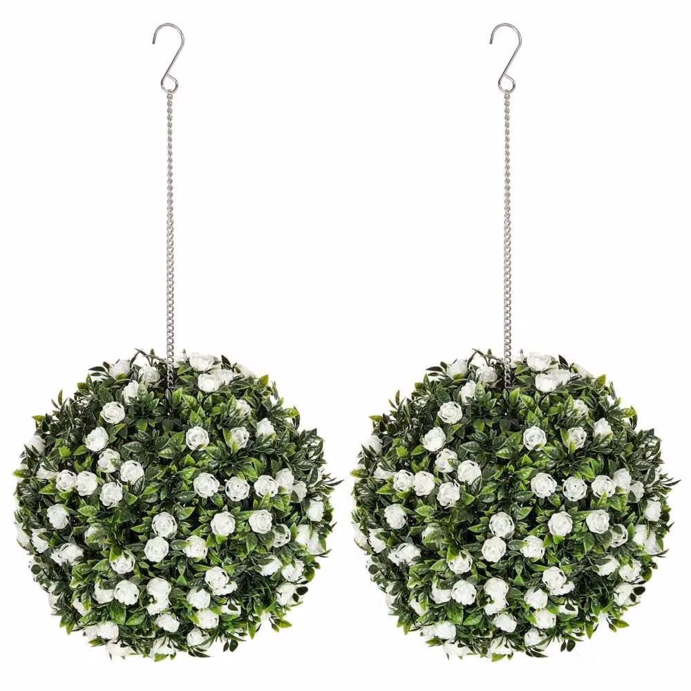 Wyld Haus Set of 2 White UV Resistant Artificial Rose Topiary Balls, Diameter: 28 cm – 2
