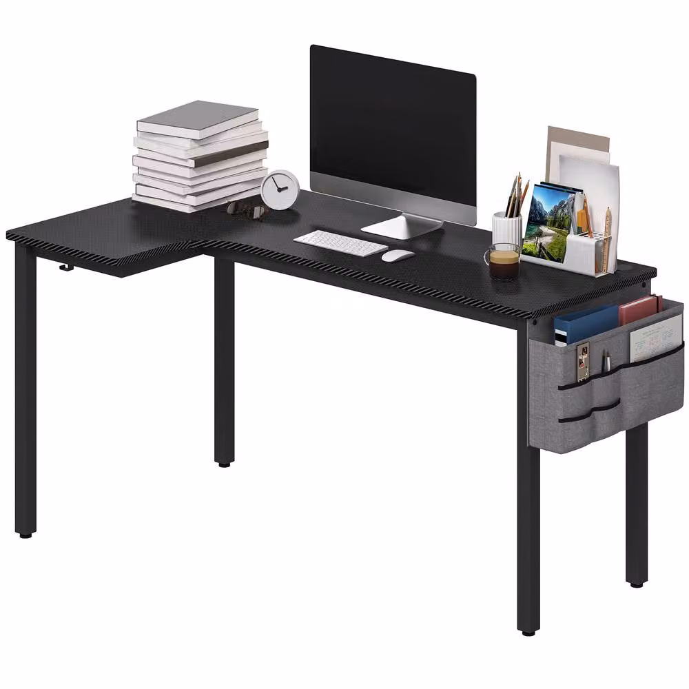 Rolipo L-Shaped Gaming Desk in Black with Cable Management and Hooks – 2