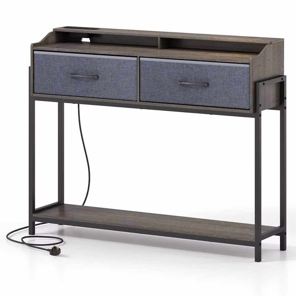 FORGEVIO Industrial Grey Narrow Entryway Console Table with 2 Drawers, W: 130 cm, D: 30 cm, H: 88 cm – 4