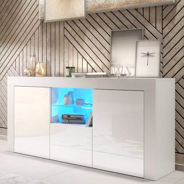 Mex Furniture LTD Aurora Sideboard in White with Glossy Doors and Integrated LED Lighting, W: 145 cm, H: 70 cm, D: 35 cm – 1
