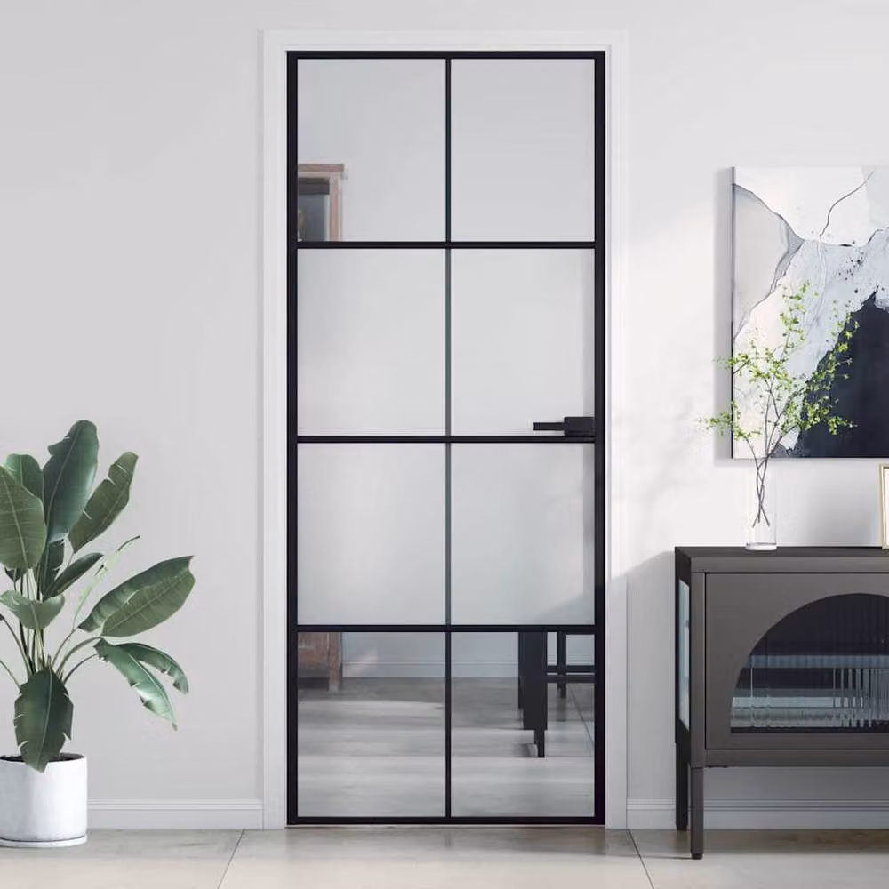 Berkfield Modern Slim Interior Door in Black with Transparent Tempered Glass and Aluminium, W: 83 cm, H: 201.5 cm – 2