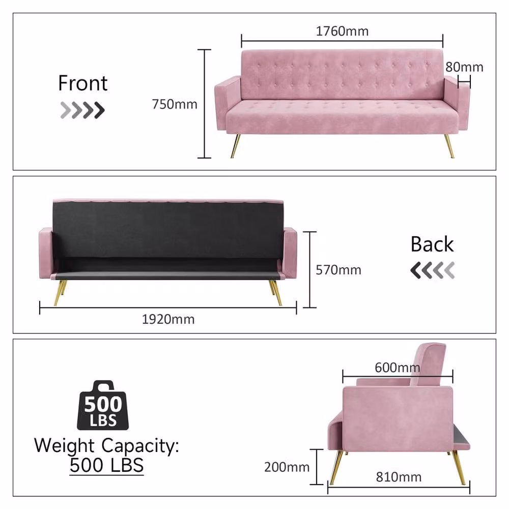 FORGEVIO 3 Seater Pink Velvet Sofa Bed with Sleeping Function – 2