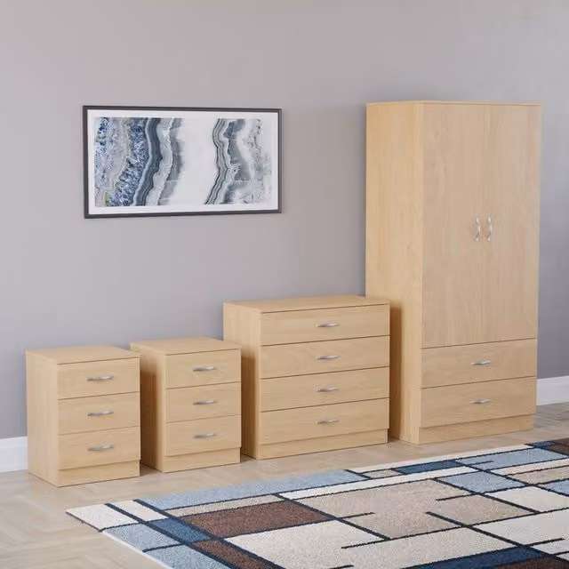 HD Designs Riano 4 Piece Brown Rustic Bedroom Set with 3 Drawer Bedside and 4 Drawer Chest – 1