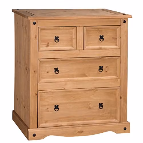 Mercers Furniture Corona 2+2 Solid Wood Pine Chest of Drawers in Brown with Light Fiesta Wax, H 103 cm x W 92 cm x D 48 cm – 1