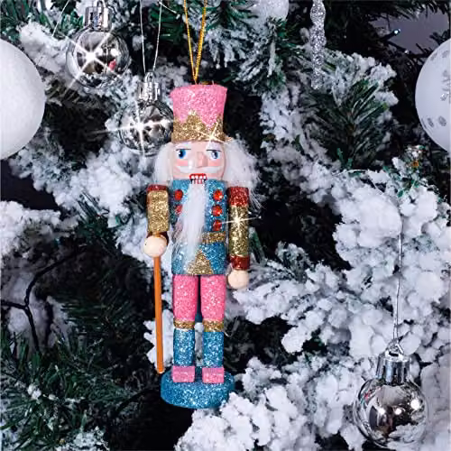St Helens Home & Garden Nutcracker Christmas Tree Hanging Decoration, Pink Hat, Height: 13 cm