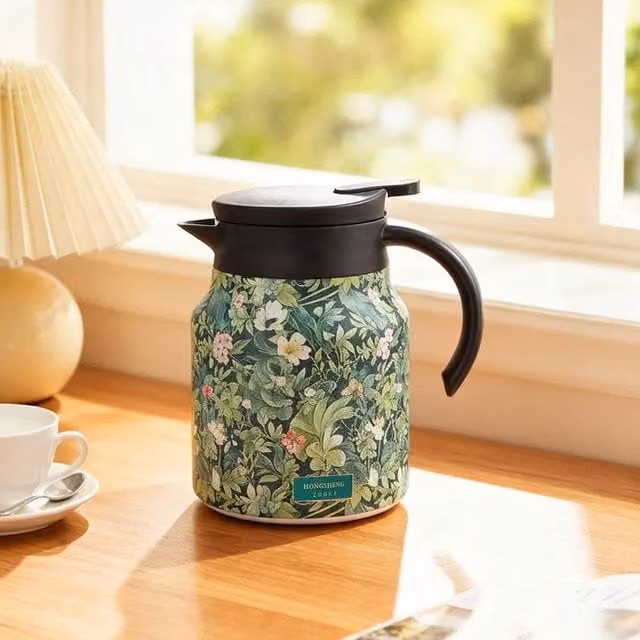 NESTLUNE Green Vintage Floral Pattern Insulated Stainless Steel Tea Thermos, 1000ml