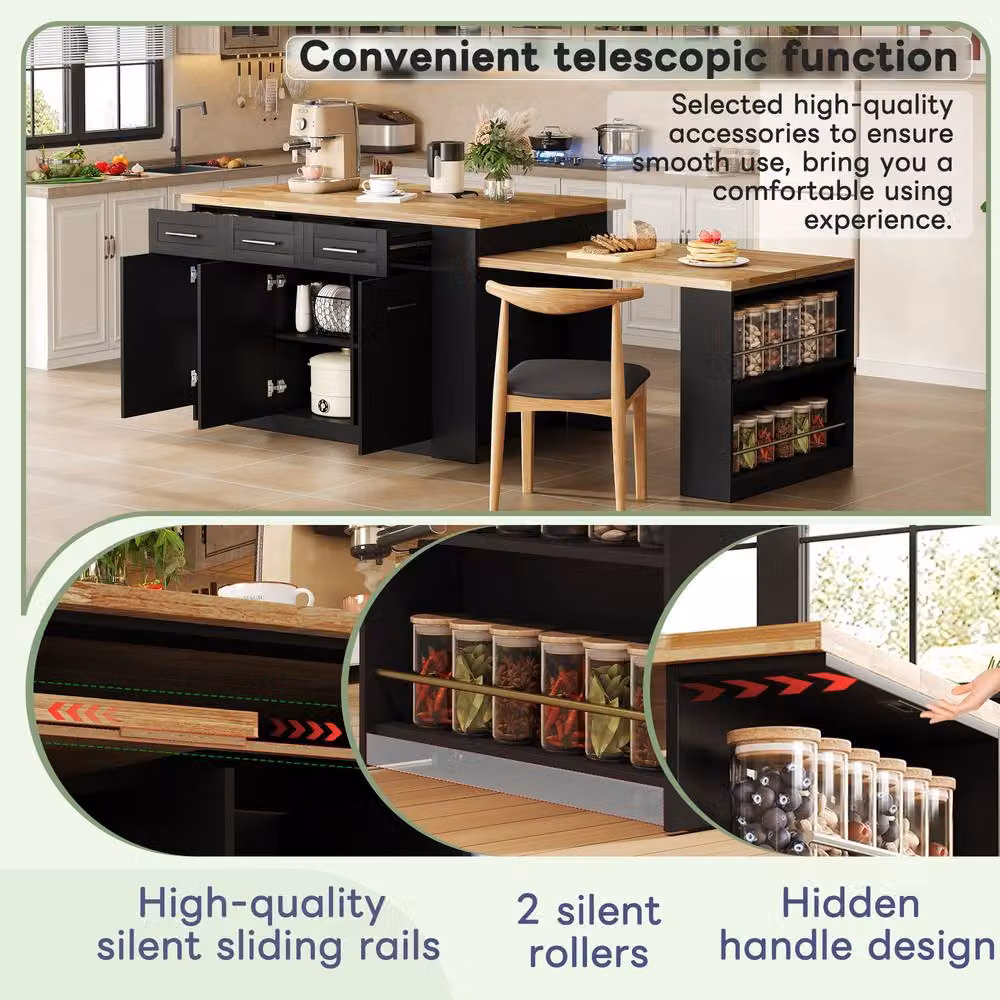 Merax Kitchen Island with Extendable Dining Table and Wood Effect Top in Black, W/D/H: 150 x 90 x 90 cm – 6